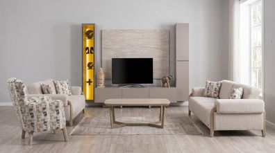 Modernes TV Wohnwand Set Couchtisch Sofa Sessel 3 + 3 + 1 Beige Luxus