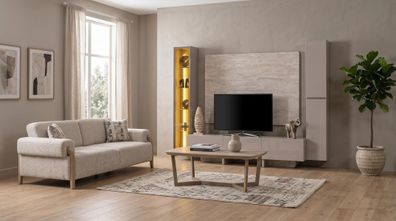 Modernes TV Wohnwand Set Couchtisch 3 Sitzer Sofa Beige statusbezogen