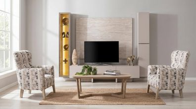 Edles Wohnzimmer-Set mit TV-Wohnwand, 2 Sesseln & Couchtisch