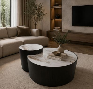 Designer Couchtisch Set 2 Teilig Schwarz Rund Satztisch Modern