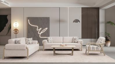 Sofa Set 3 + 3 + 1 Beige Bouclé Modern Skandinavisch Design Garnitur