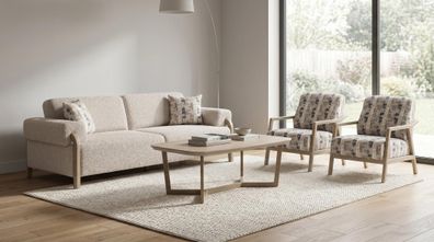 Sofa Set 3 + 1 + 1 Beige Bouclé Modern Skandinavisch Design Garnitur 3 tlg