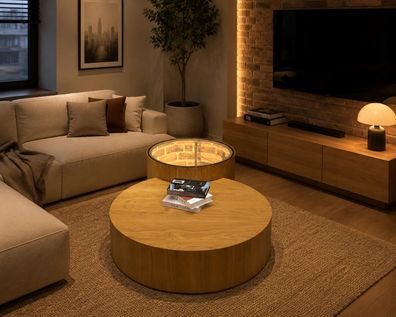 Moderner LED Couchtisch Rund Eiche Glasplatte Beleuchtet