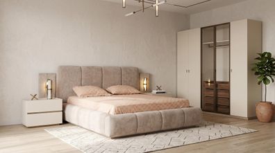Schlafzimmer Set Modern Beige Bett Schrank Nachttische statusbezogen