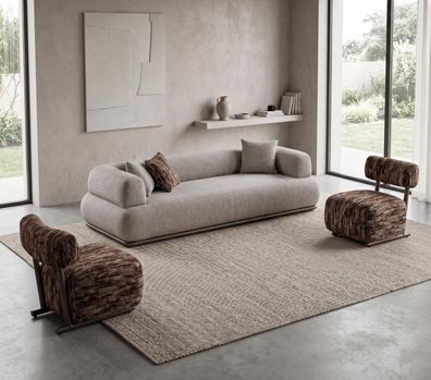 Minimalistisches Wohnzimmer Set Beige 3er Sofa und 2 Sessel
