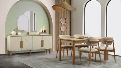 Esszimmer Set Esstisch Stühle(4x) Kommode Spiegel Beige Holz Modern