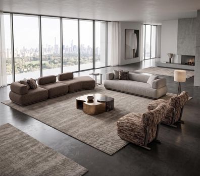 Modernes Modul Sofa Set Beige Lounge Eckcouch mit Zwei Sesseln Stoff