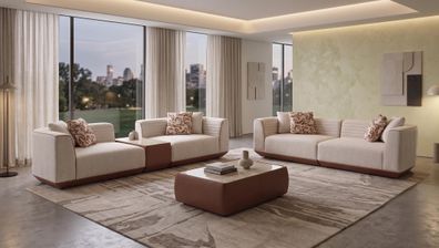 Modulares 3 Sitzer Sofa Set mit Funktionstisch Beige Couch Möbel Polster