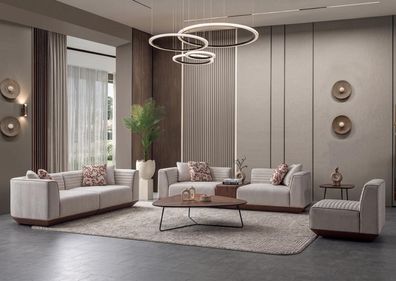 Sofa Set hellbeige mit Holzsockel modern und geradlinig Couch Möbel Polster