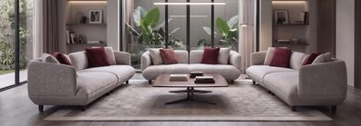 Sofa Set in Grau mit Holzbeinen rote Kissen modernes Design Couch Möbel Polster