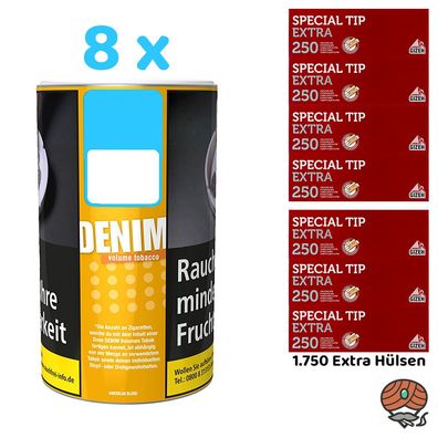 Denim Volumentabak/Stopftabak Dose 8x 85g + Gizeh Special Tip Extra Hülsen