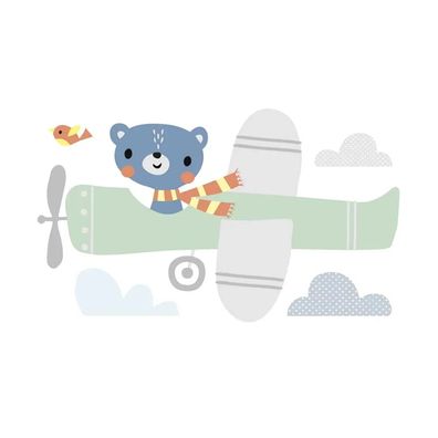 Lilipinso Wandsticker XL Bär im Flugzeug grau grün
