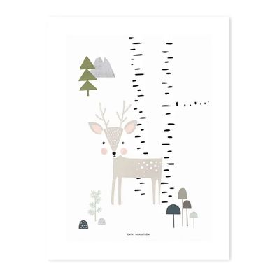 Lilipinso Poster Kleiner Hirsch im Birkenwäldchen grau