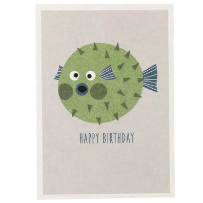 Ava & Yves Postkarte Geburtstag Kugelfisch grün