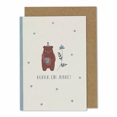 Ava & Yves Klappkarte Geburt Bärchen "Hurra ein Junge" blau