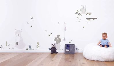 Lilipinso Wandsticker A3 Eichhörnchen mit Wald grau grün