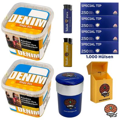 Denim Volumentabak Mega Box 2x 210g, Gizeh Special Tip Hülsen, Autoascher