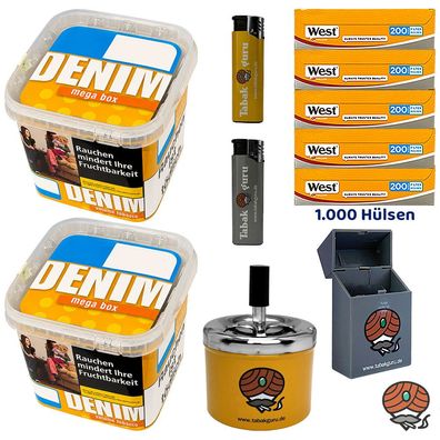 Denim Volumentabak Mega Box 2x 210g, 1000 West Yellow Hülsen, Drehascher