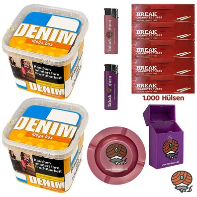 Denim Volumentabak Mega Box 2x 210g, 1000 Break Hülsen, Metallascher