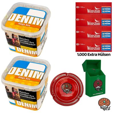 Denim Volumentabak Mega Box 2x 210g, 1000 Winston Extra Hülsen, Glasascher, Box