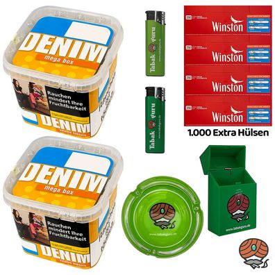 Denim Volumentabak Mega Box 2x 210g, 1000 Winston Extra Hülsen, Glasascher