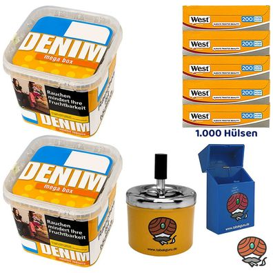 Denim Volumentabak Mega Box 2x 210g, 1000 West Yellow Hülsen, Drehascher, Box