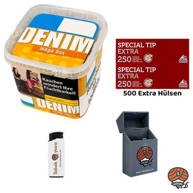 Denim Volumentabak Mega Box 210g Eimer, 500 Gizeh Extra Hülsen, Zubehör