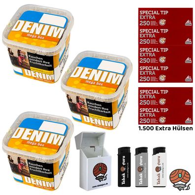 Denim Volumentabak Mega Box 3x 210g Eimer, 1500 Gizeh Extra Hülsen, Zubehör