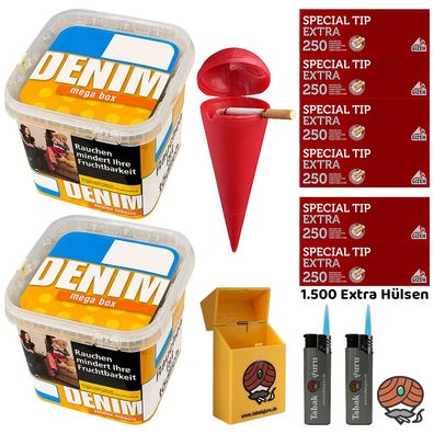 Denim Volumentabak Mega Box 2x 210g, Gizeh Special Tip Extra Hülsen Strandascher