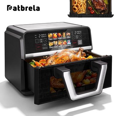 Patbrela 10L Doppelkorb-Heißluftfritteuse, XXL Große Fettfreie Fritteuse mit Abnehmba