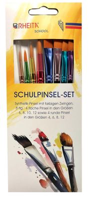 Schulpinselset, Synthetik-Pinsel mit farbigen Zwingen, 8-tlg