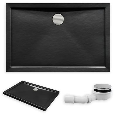 Duschwanne Rechteck Acryl ALPINA 100x80x5,5 Schwarz Steinoptik | Ablauf im SET !