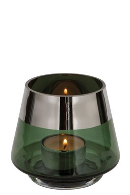 Fink JONA, Teelichthalter, Glas, Silberfolie, glatt, dunkelgrün, silberfarben, L