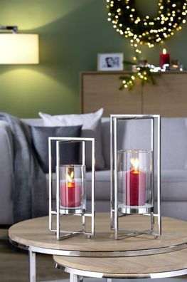 Fink NORMAN, Windlicht mit Glas, Glas, Edelstahl, poliert, glatt, silberfarben,