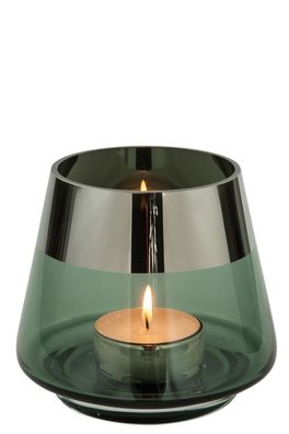 Fink JONA, Teelichthalter, Glas, Silberfolie, glatt, dunkelgrün, silberfarben, L