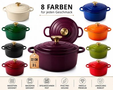 Hage Gusseisentopf mit Deckel 22 cm 3L emailliert Induktion verschiedene Farben