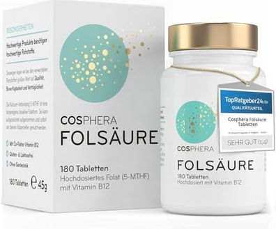Cosphera - Folsäure Tabletten 800 µg mit Vitamin B12 & 5-MTHF – 180 vegane Table