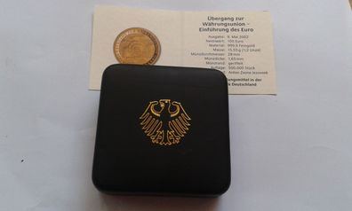Etui und Zertifikat für 100 euro 2002 Euro Einführung 1/2 Unze Gold Deutschland