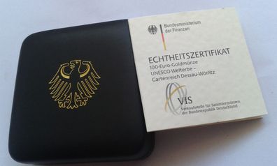 Etui und Zertifikat für 100 euro 2013 Dessau-Wörlitz 1/2 Unze Gold Deutschland