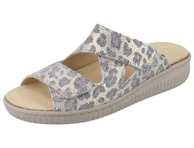 LONGO Damen Pantolette grau gold bedrucktes Nubukleder