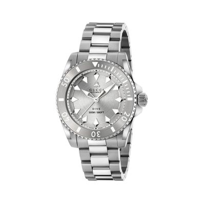 Gucci – YA136354 – Gucci Dive 40-mm-Stahlgehäuse, silbernes Zifferblatt, graue Lünett