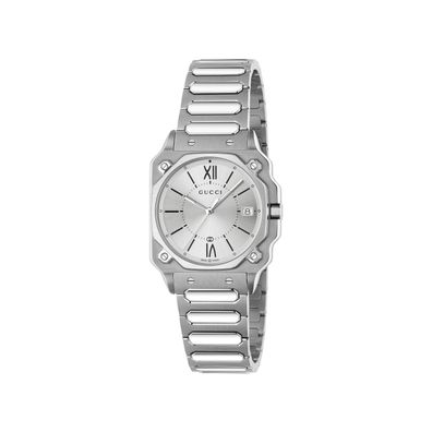 Gucci – YA166504 – G-Flat 30 mm Edelstahlgehäuse; Silberverzinktes Zifferblatt mit rö