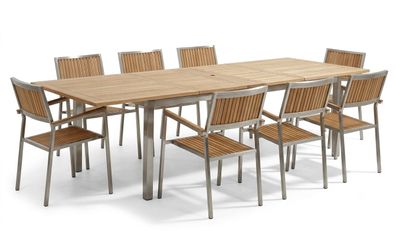 Gartengarnitur Edelstahl Teak Set: Auszeihtisch 200-280x100 cm + 8 Teak Sessel