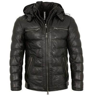 Existenz - Herren Lederjacke Steppjacke Lammnappa Kapuze schwarz
