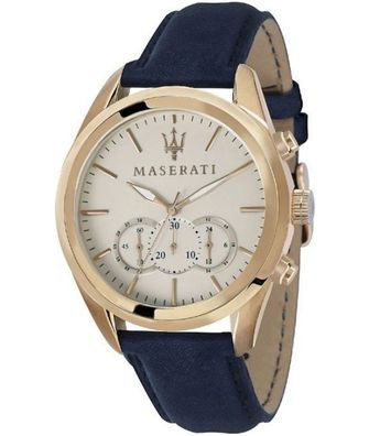 Maserati Traguardo Herren Chronograph Uhr Quarz Edelstahl Leder Blau 45 mm