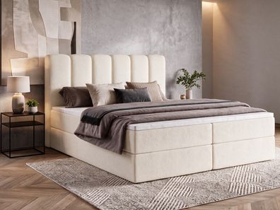 Boxspringbett NOLARO Komplett-Set mit Bettkasten, Bonell-Matratze und Topper - Bouclé