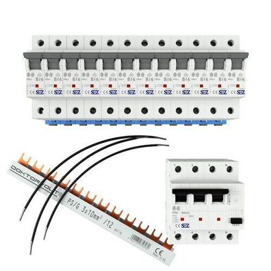 Set 1x Fi-Schalter 40A 30mA 12xAutomat B16 A Brücke 3P Phasenschiene 12p 10mm2 2961
