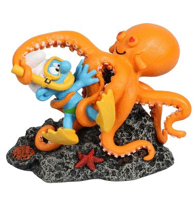 Taucherschlumpf mit Octopus - Figur für Süß- und Salzwasseraquarien