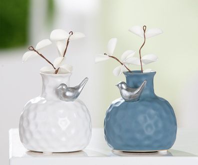 Gilde Halsvase, "Birdy", Vogelmotiv, Keramik, blau, weiß, VE 12, 2fach sortiert,