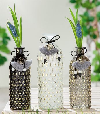 Gilde Flaschenvase, "Visione", Glas, grau, schwarz, weiß, VE 6, 3fach sortiert,